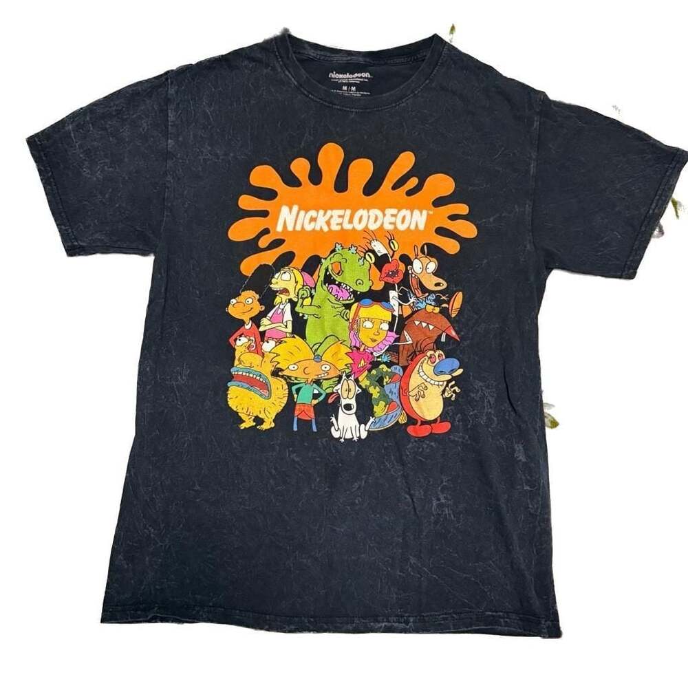 Nickelodeon Cartoon Graphic T Shirt Black Rugrats Ren & Stimpy Novelty 90s M